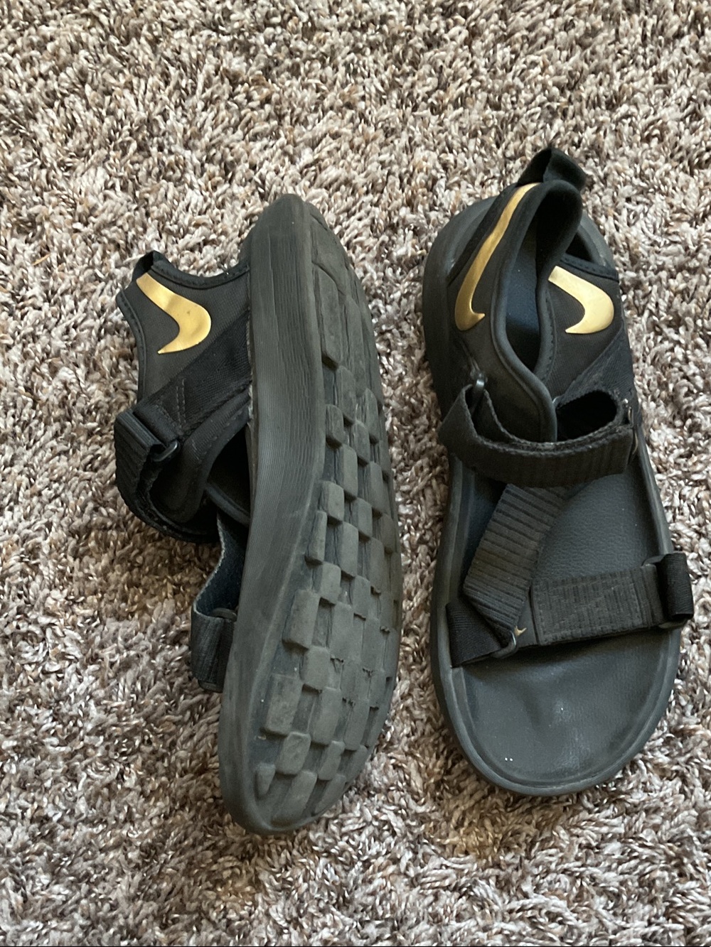 Nike Kids Black Sandals with Gold Swoosh